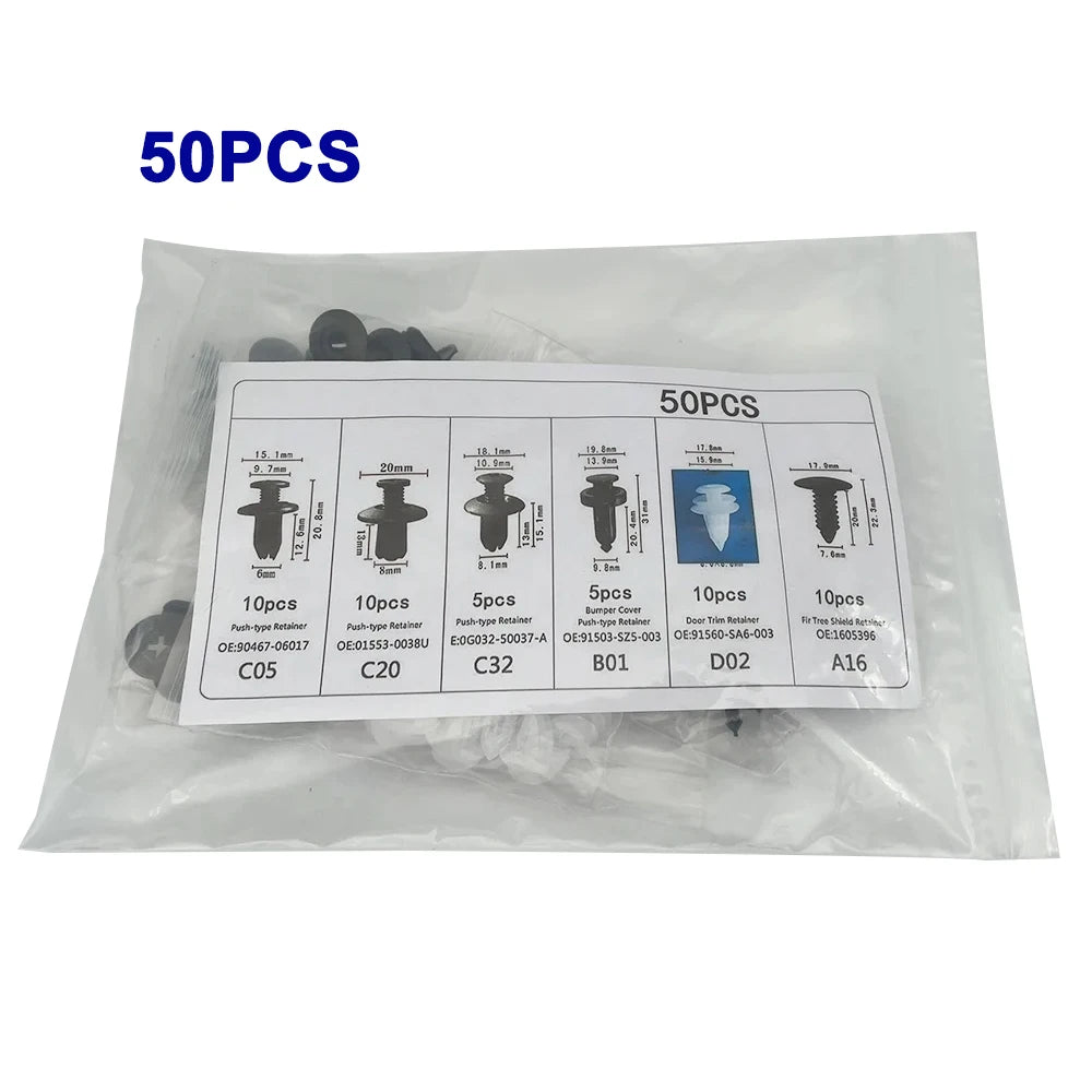 A plastic bag containing 50 pieces of automotive trim removal tools and clips.