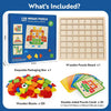 A box containing 120 mosaic puzzle pieces, a wooden puzzle board, and 20 double-sided puzzle cards.