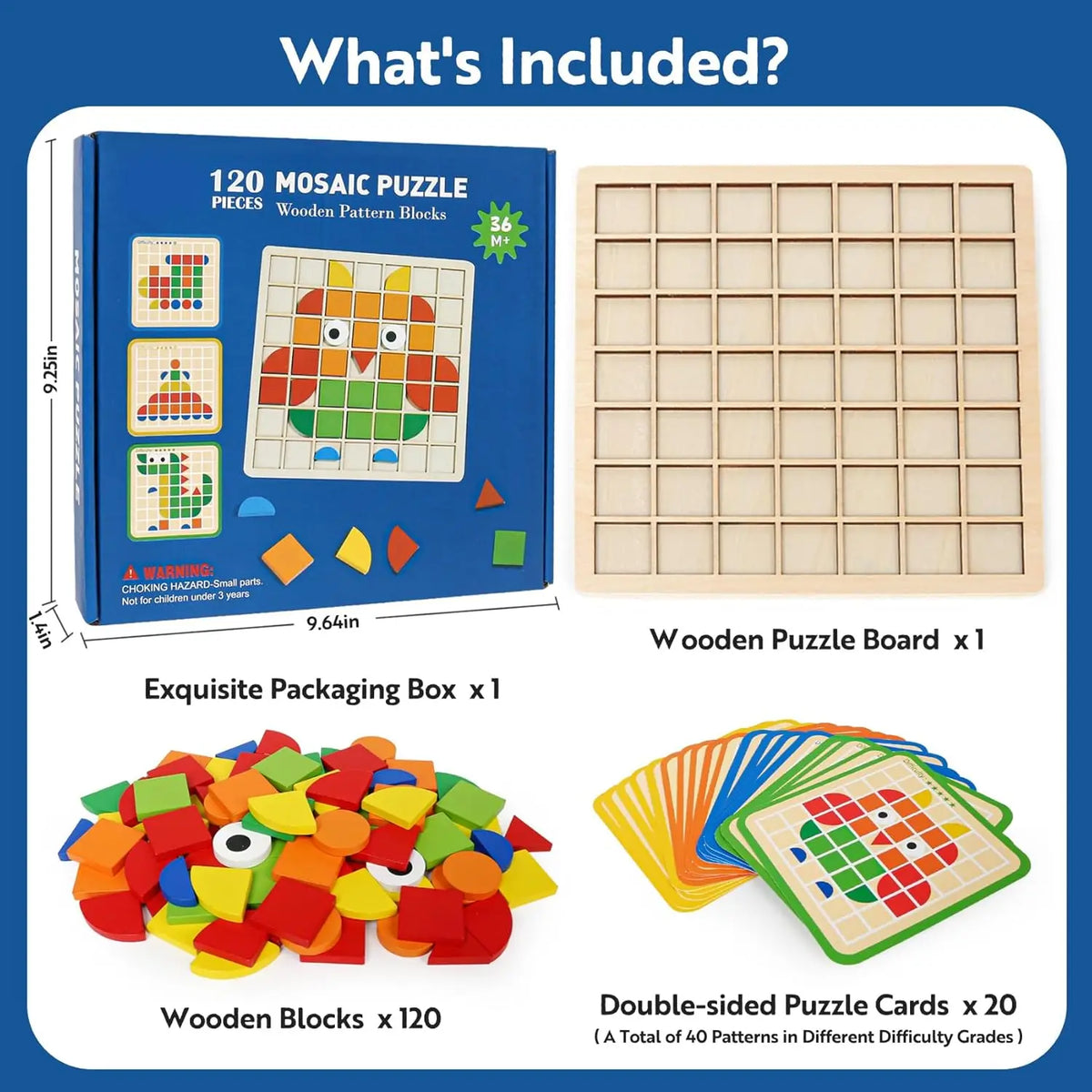 A box containing 120 mosaic puzzle pieces, a wooden puzzle board, and 20 double-sided puzzle cards.