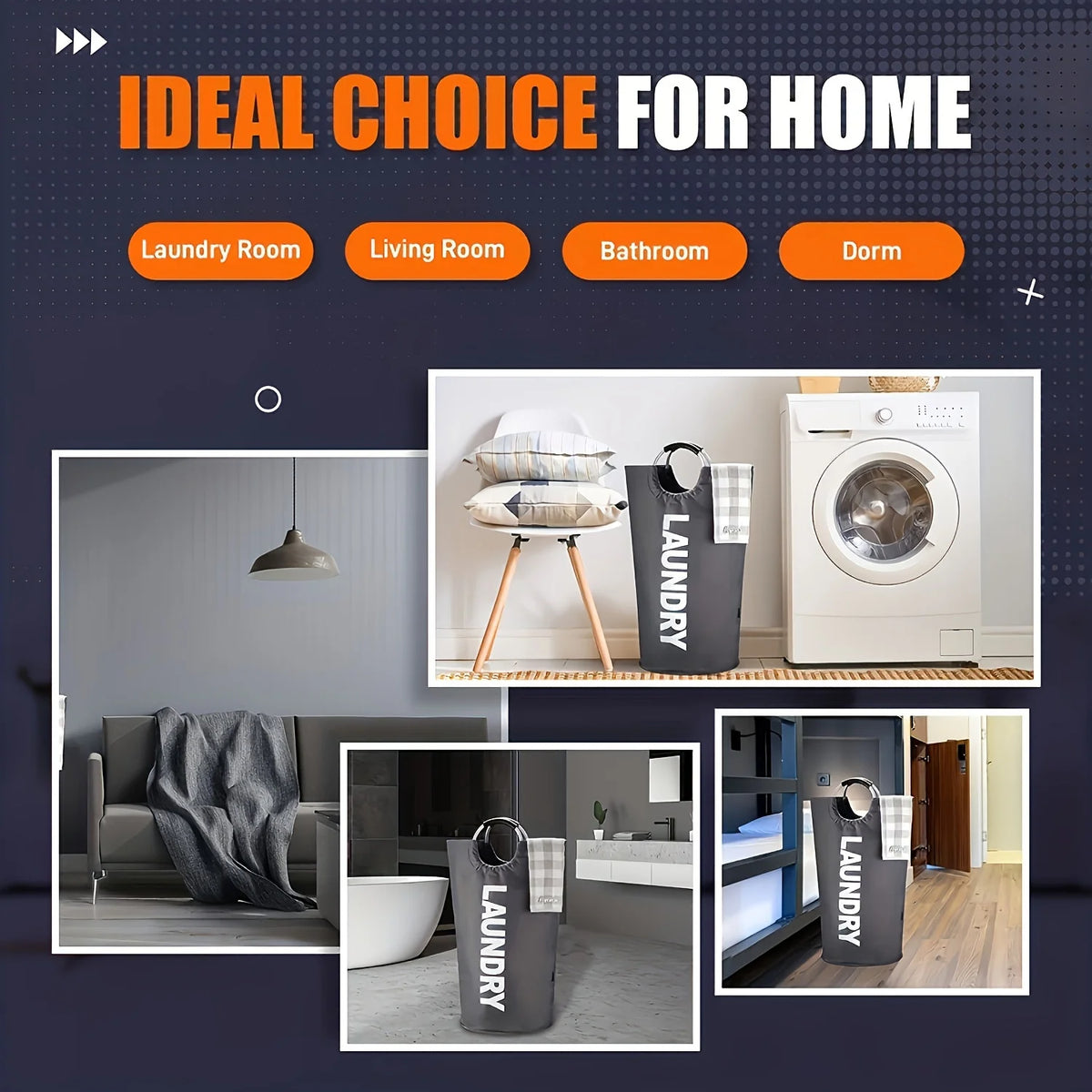 A collection of laundry baskets and a washing machine shown in various rooms for home use.