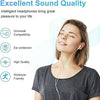 A woman is listening to earphones, highlighting features like universal compatibility, ear protection, high quality, and work