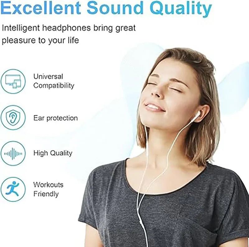 A woman is listening to earphones, highlighting features like universal compatibility, ear protection, high quality, and work