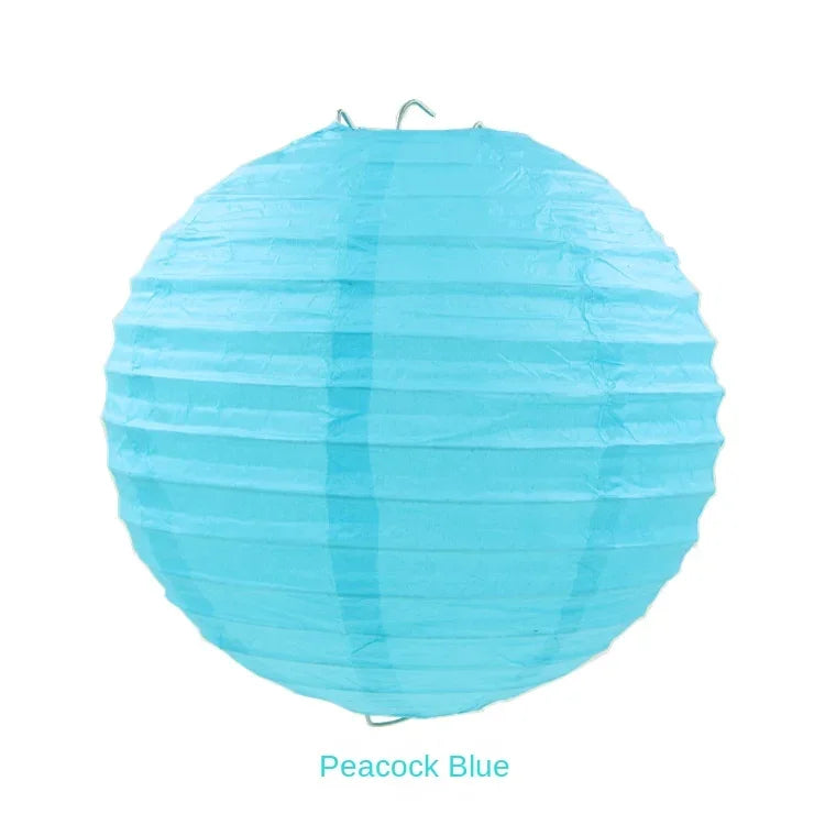 A light blue paper lantern with vertical pleats, suitable for weddings and parties.