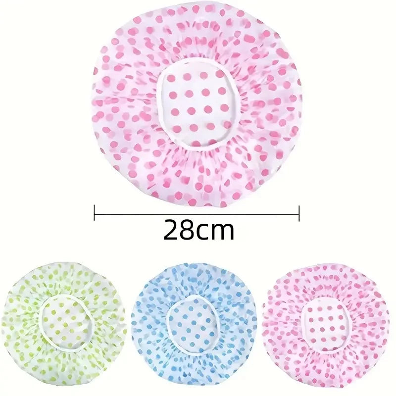 Reusable polka dot waterproof shower cap in pink and green colors