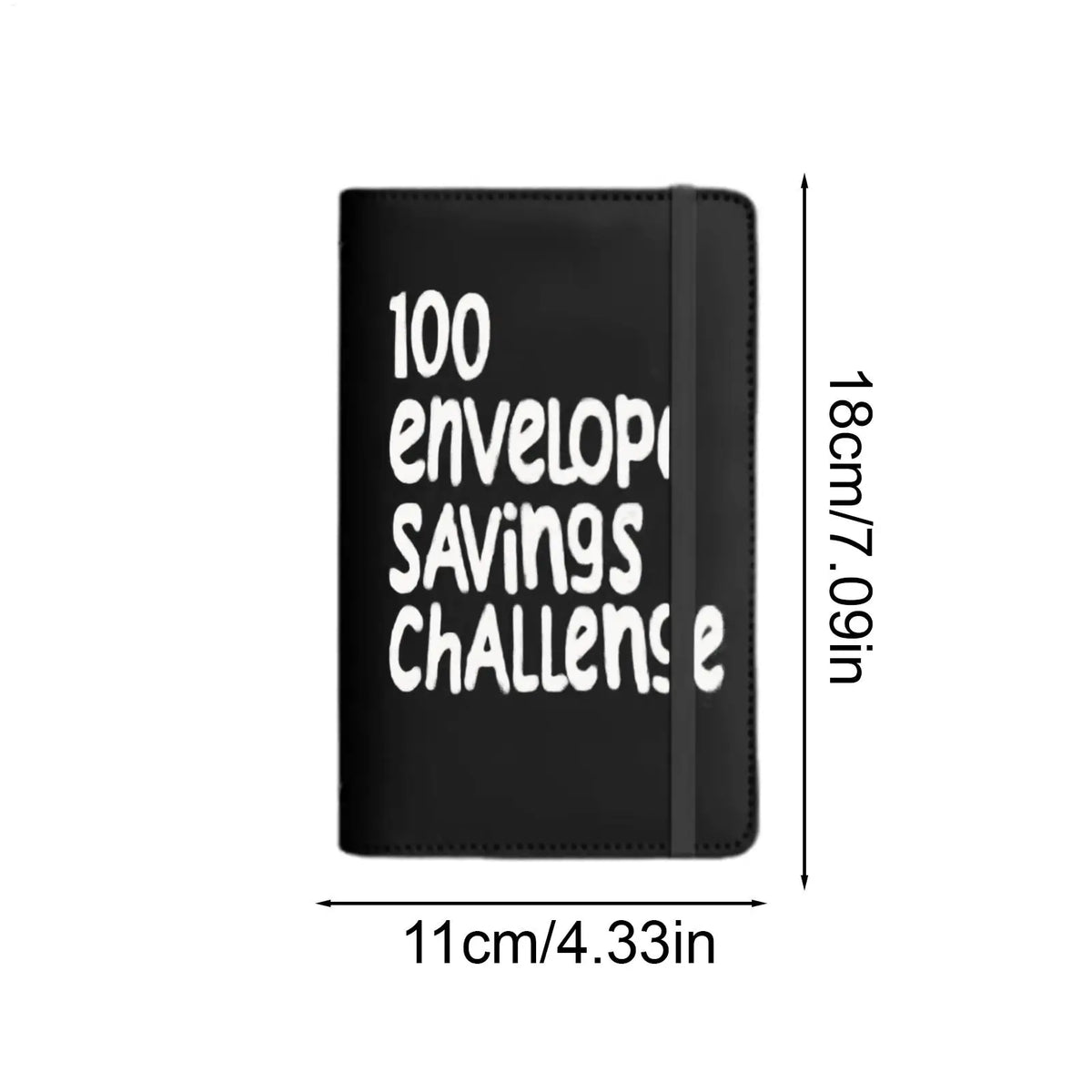 Black binder for a 100-day envelope savings challenge with dimensions 18cm x 7.09in.