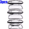 Three clear transparent storage bags with zippers for organizing toys, cosmetics, or travel items.