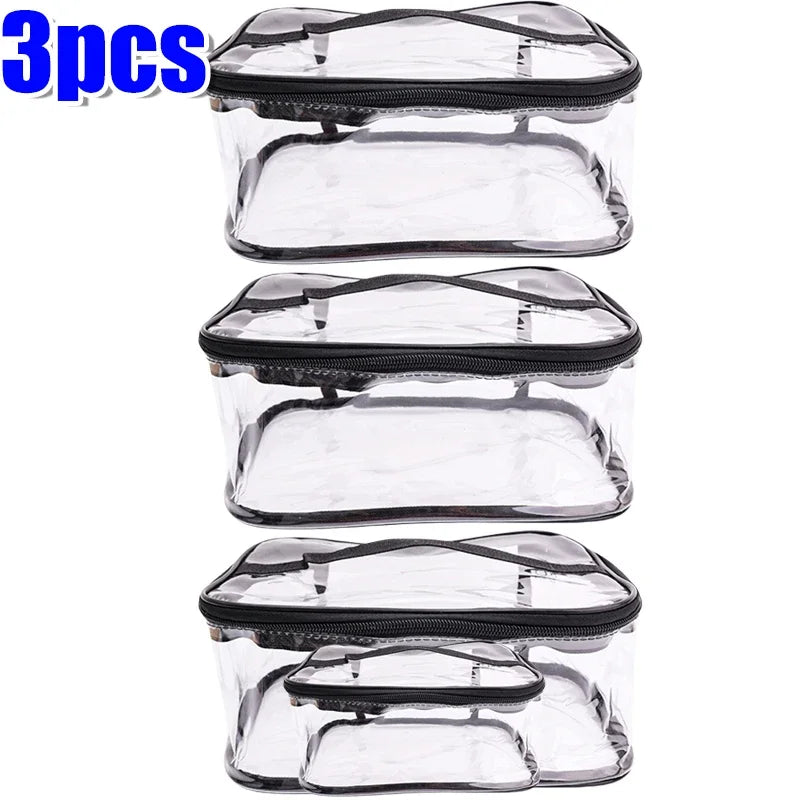 Three clear transparent storage bags with zippers for organizing toys, cosmetics, or travel items.