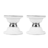 A pair of white magnetic door catches with silver hardware for RVs, campers, and trailers