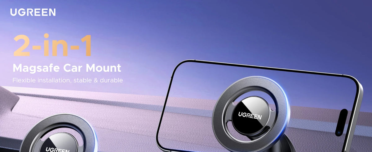 A close-up of a UGREEN 2-in-1 Magsafe car mount designed for flexible installation and durable use.