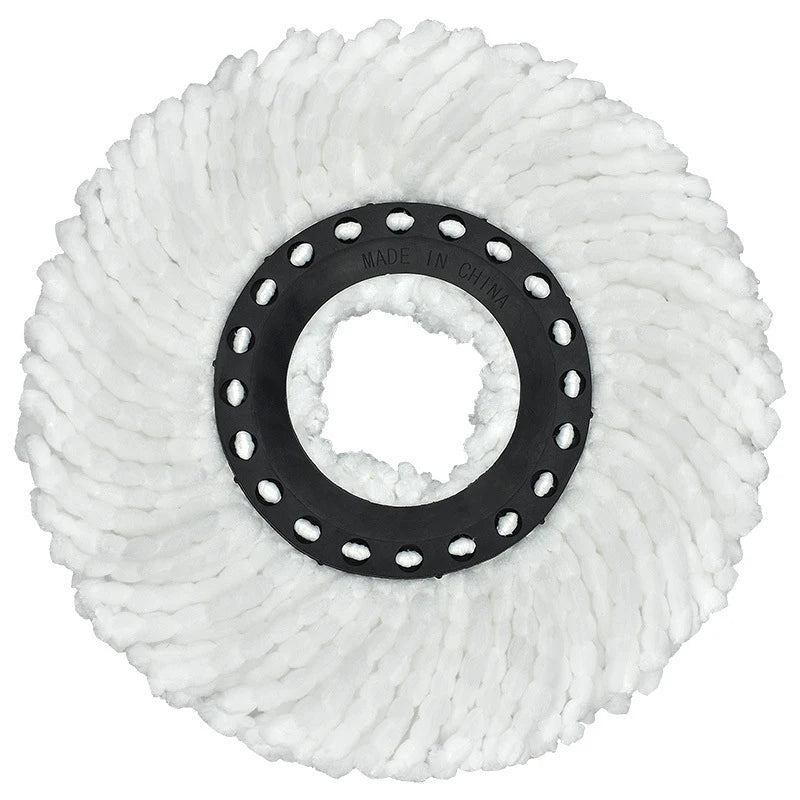 White microfiber mop head refill with a black rotating pad for universal cleaning.