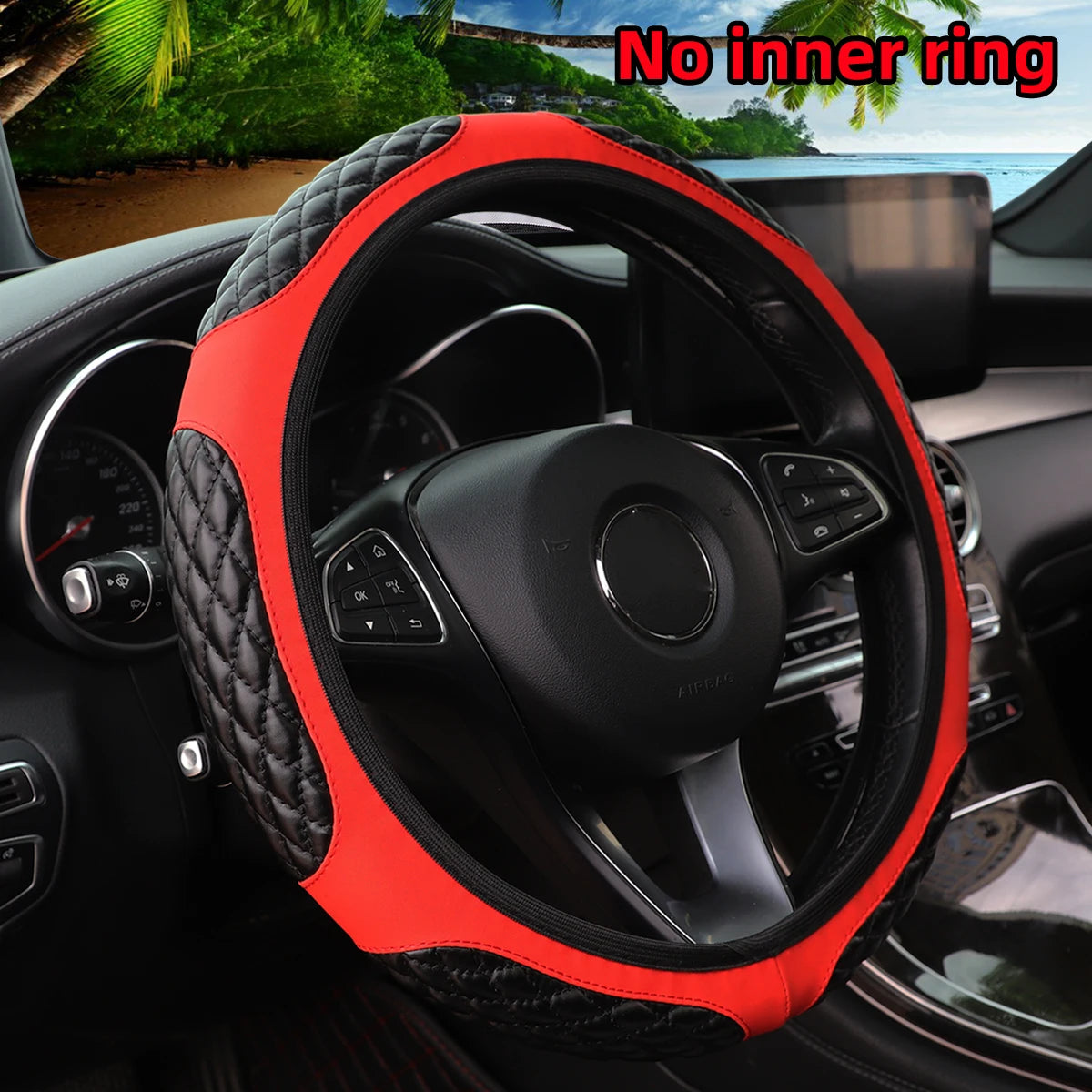 Red faux sheepskin steering wheel cover installed on a car interior.