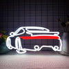 A white neon sign shaped like a sports car with a red stripe, displayed against a dark grid background.