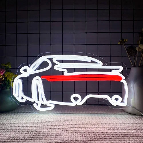 A white neon sign shaped like a sports car with a red stripe, displayed against a dark grid background.