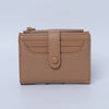 A tan bi-fold wallet made of textured PU leather with a flap closure and gold-toned hardware.