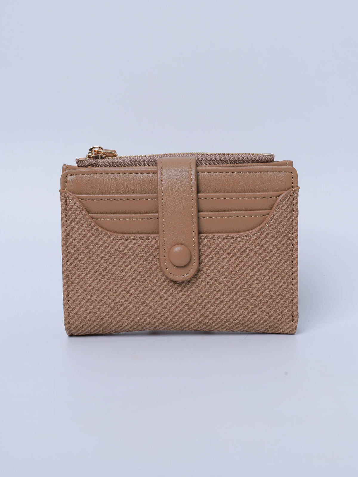 A tan bi-fold wallet made of textured PU leather with a flap closure and gold-toned hardware.
