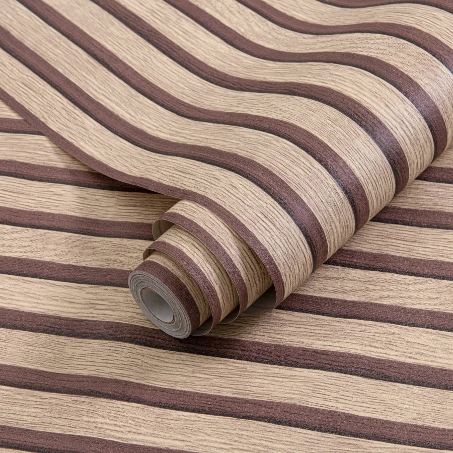Roll of self-adhesive 3D wall stickers featuring brown and beige wavy stripes.