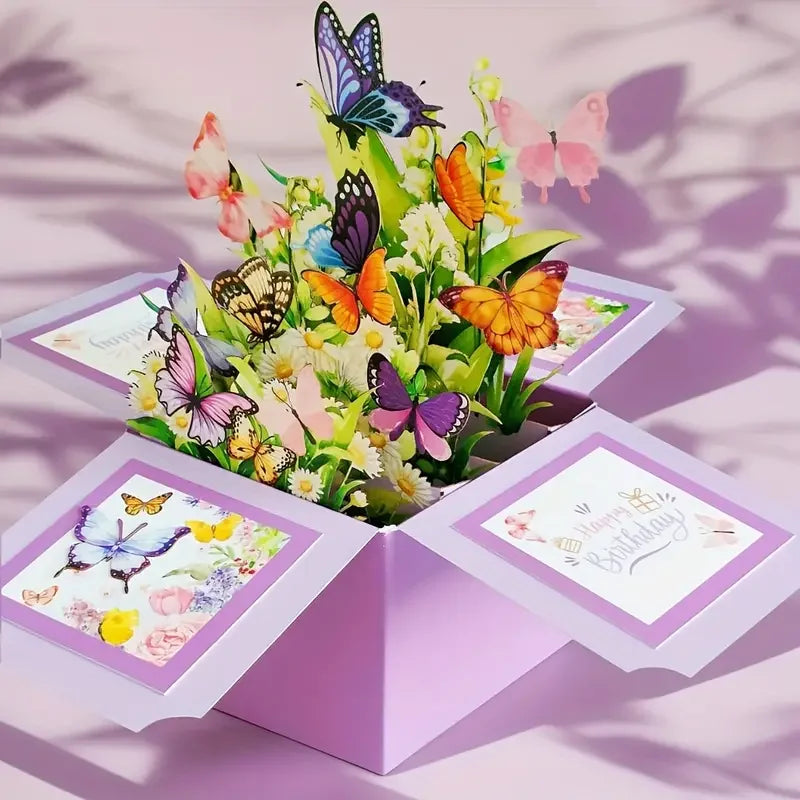 Tarjeta de Cumpleaños 3D con Diseño Floral y Mariposas