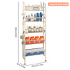 A tall, light wood storage rack with multiple tiers and shelves for organizing various bottles and containers.