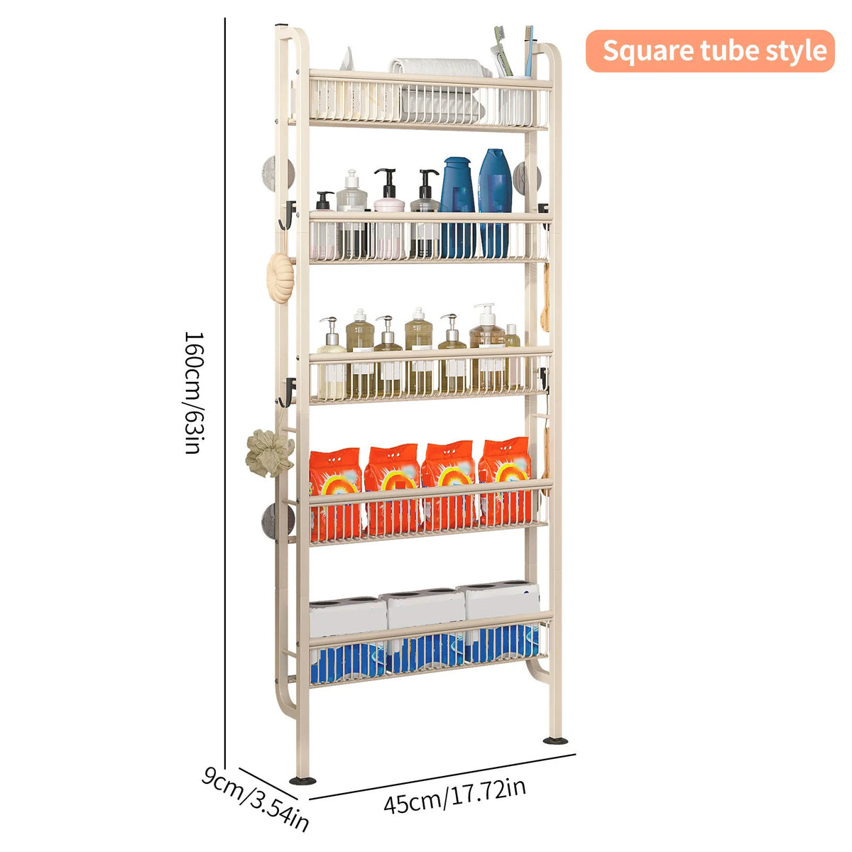 A tall, light wood storage rack with multiple tiers and shelves for organizing various bottles and containers.