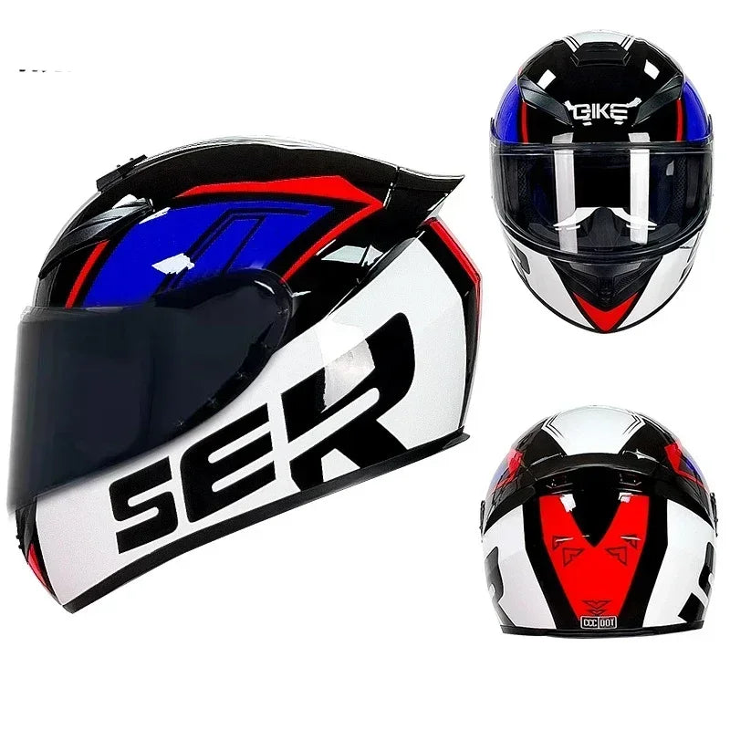 A set of three black and silver motorcycle helmets with red accents shown in various angles.