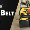 A yellow and black tool belt pouch is shown with tools and a hammer being used by a person.
