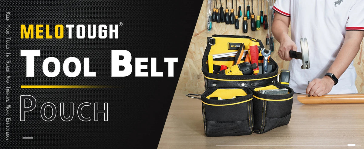 A yellow and black tool belt pouch is shown with tools and a hammer being used by a person.