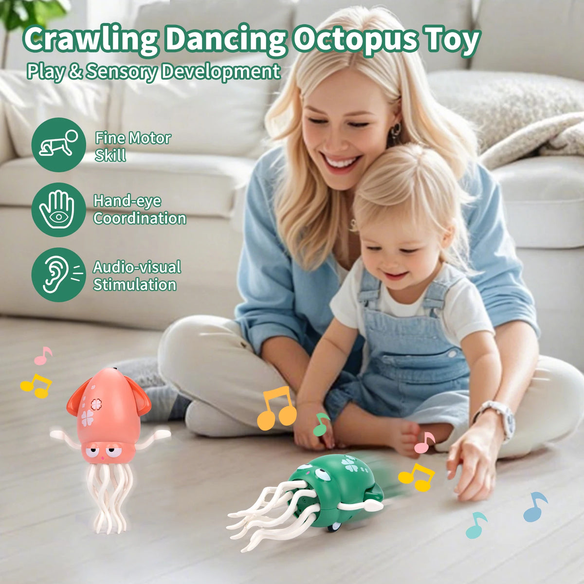 A woman is playing with a crawling dancing octopus toy and a green squid toy on a light wooden floor.