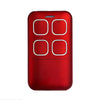 A red garage door remote control with five circular buttons on the top surface.
