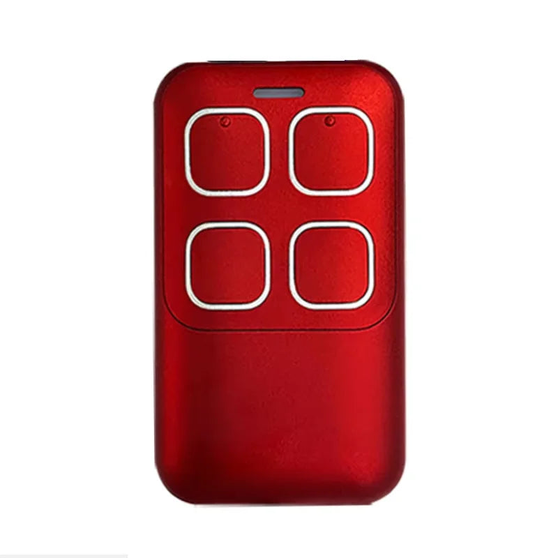A red garage door remote control with five circular buttons on the top surface.