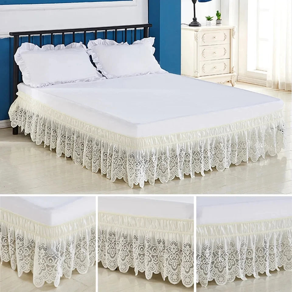White jacquard lace bed skirt with elastic band featuring an 15 inch drop