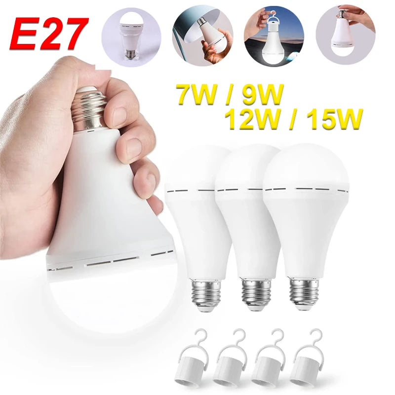White E27 LED bulb with a hanging hook and various wattage options shown in close-up.