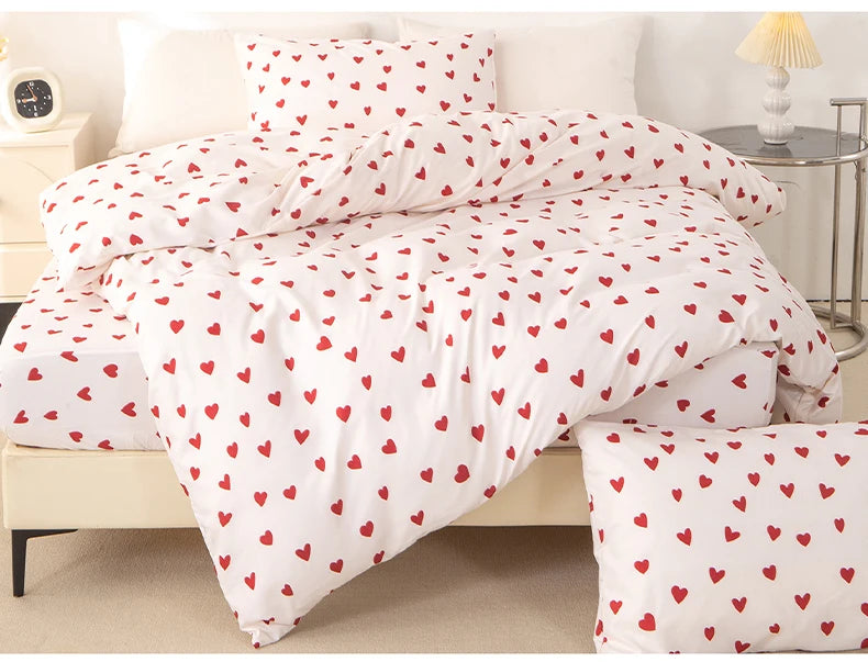 Red Heart Print Duvet Cover Set with Pillowcases