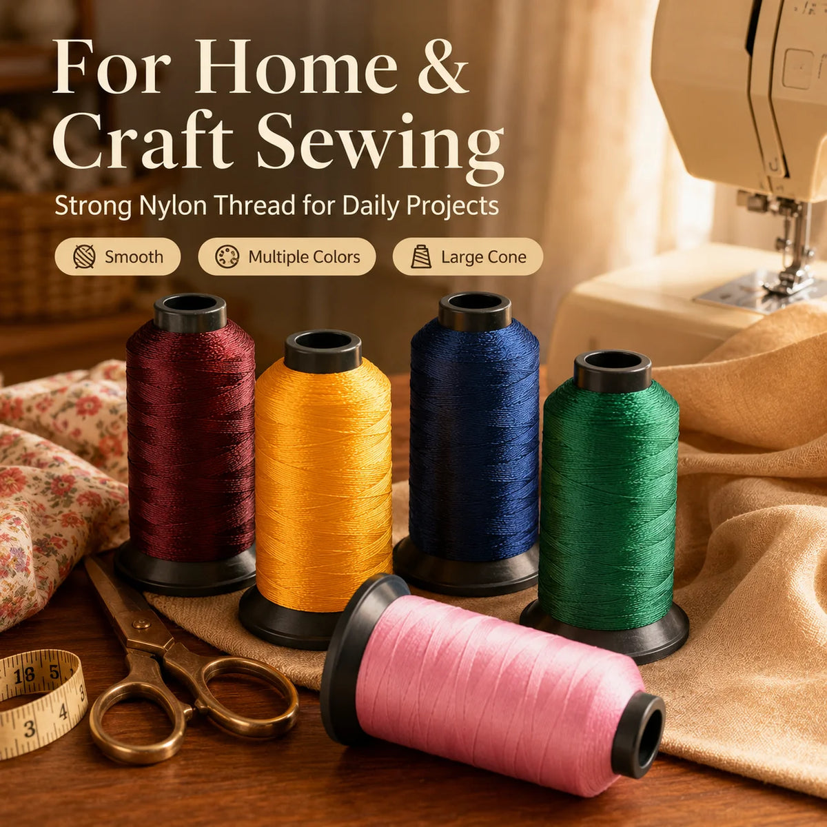 A collection of various colored nylon sewing thread spools and a pink spool are displayed on a wooden surface.