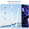 A white fiber tip disc tip writing pen is shown next to a smartphone screen, demonstrating its use for office, painting, and 