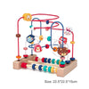A wooden bead maze toy with red and yellow frame and colorful beads for toddlers.