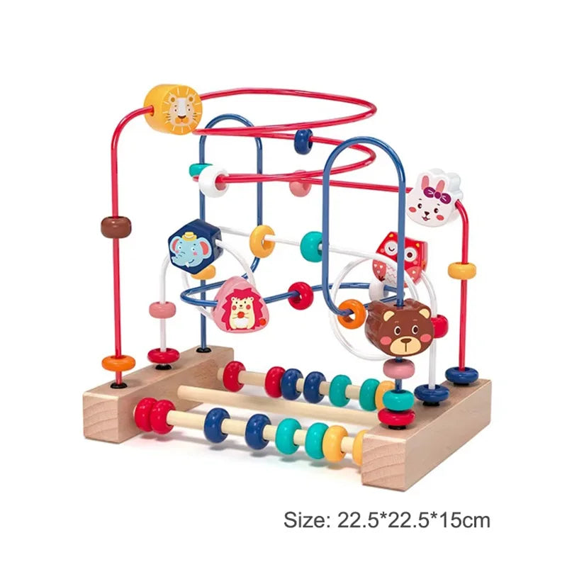 A wooden bead maze toy with red and yellow frame and colorful beads for toddlers.