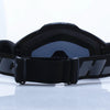 Black retro motorcycle sunglasses with night vision lenses displayed on a reflective surface.