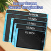 A set of five blue and black LCD writing tablets with various screen sizes are displayed on a wooden surface.