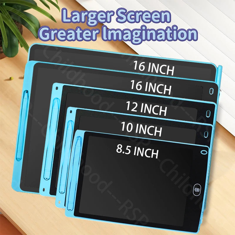 A set of five blue and black LCD writing tablets with various screen sizes are displayed on a wooden surface.