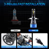 Installation guide showing a halogen and ours LED headlight bulb, along with turbo fan, built-in chip, and plug and play feat