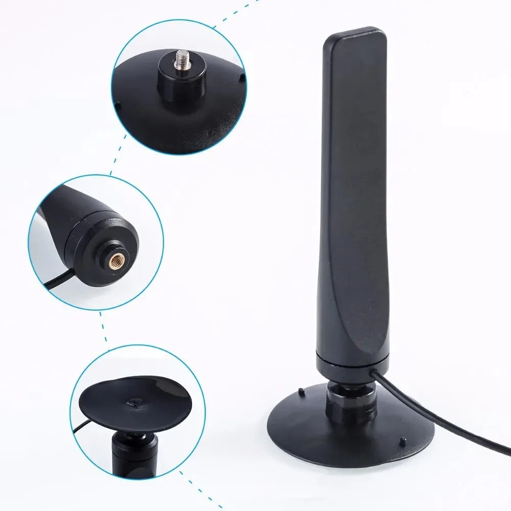 Black HD digital TV antenna with signal booster shown in various views.