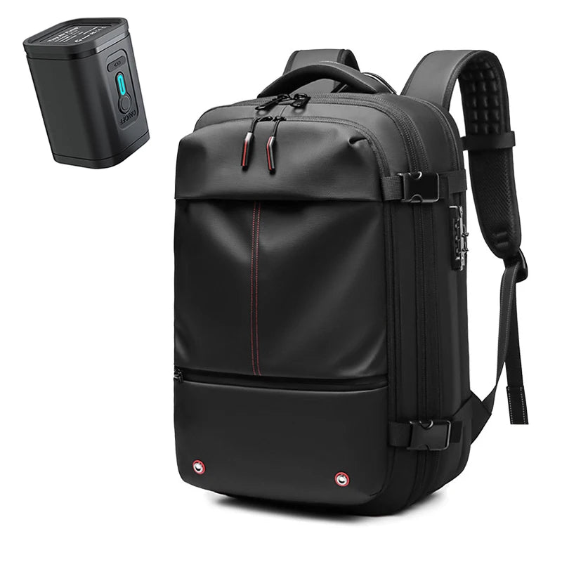 Black expandable travel laptop backpack with vacuum compression features and a separate control unit.
