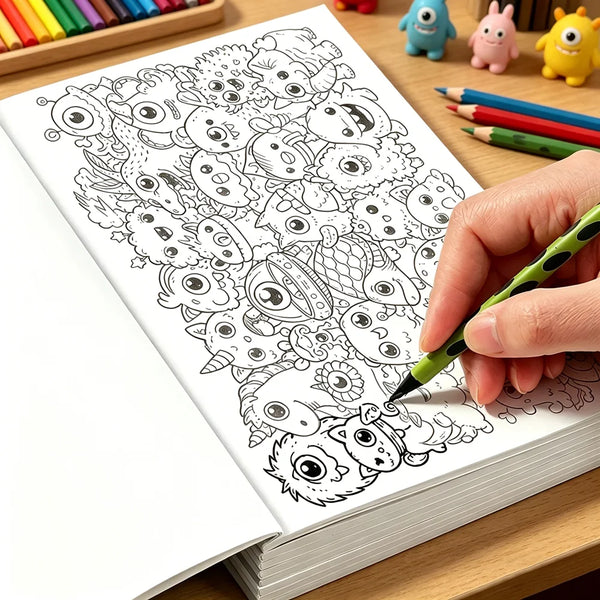 Une main dessine de l'art en gribouillis détaillé sur une page de coloriage blanche, entourée de crayons de couleur et de pet