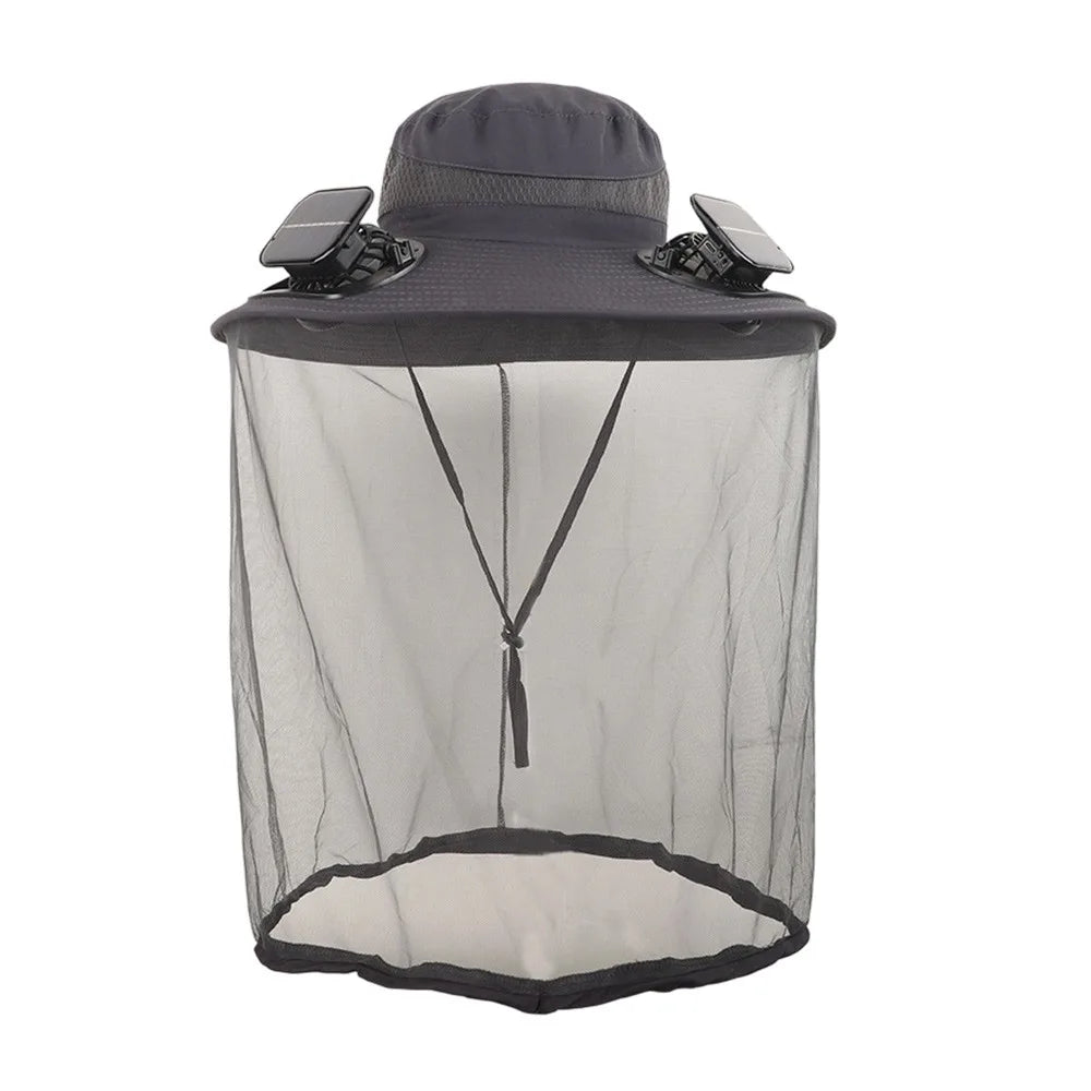 A dark gray solar-powered cooling fan hat with mesh fabric and sun protection features.