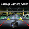 A backup camera assist device mounted on a dashboard, showing a view of a road with cars.