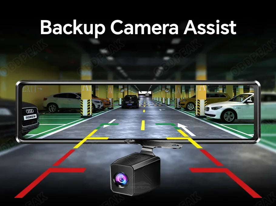 A backup camera assist device mounted on a dashboard, showing a view of a road with cars.