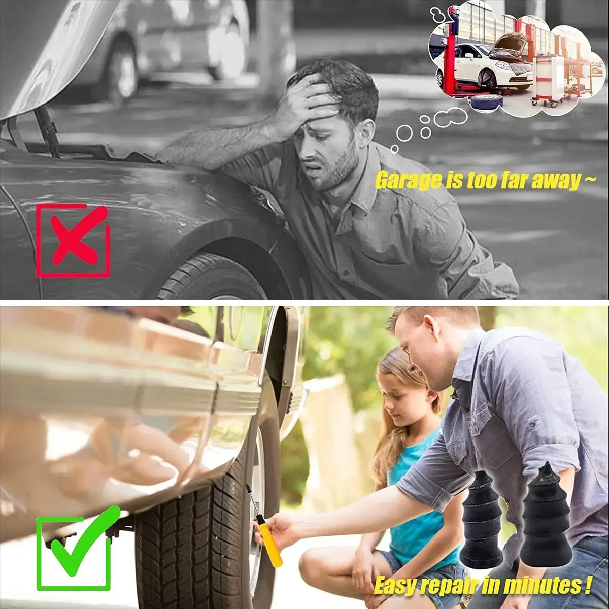 A man is shown frustratedly holding his head while a mechanic easily repairs a rubber tire using a puncture nails kit.