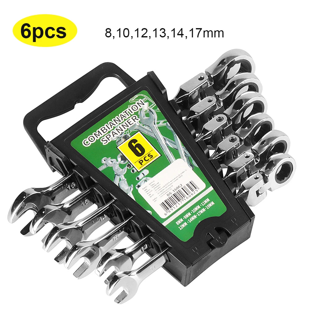 Ratcheting Spanner Set with Flexible Head – 72-Tooth Design