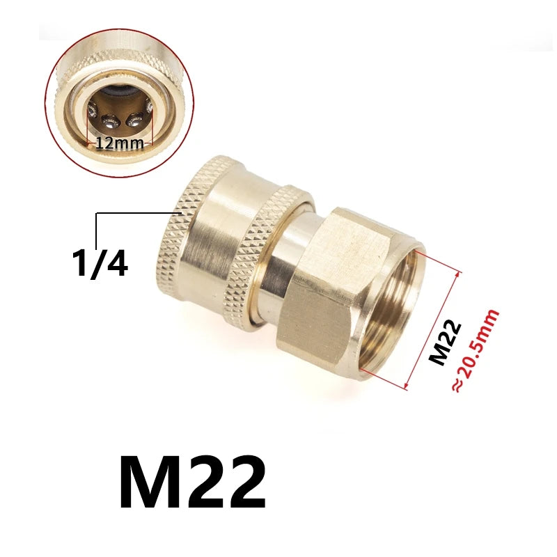 Brass pressure washer adapter kit showing an M22 threaded connector and a 1/4 quick connect fitting.