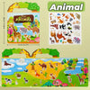A colorful reusable sticker book for toddlers featuring various animals like a giraffe, elephant, lion, and other wildlife.